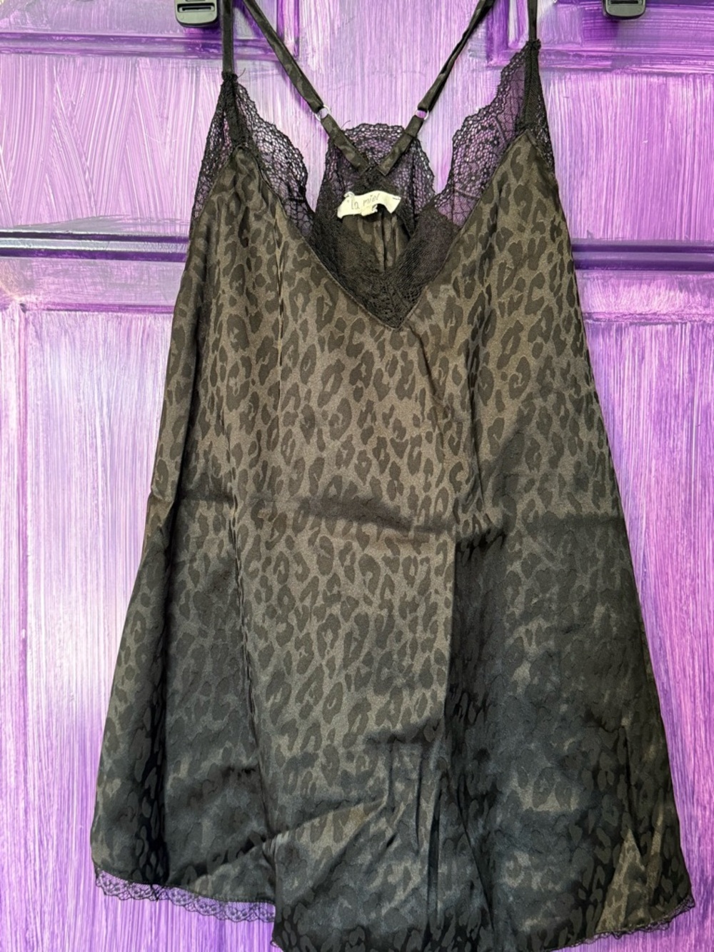 LA MIEL Black Leopard Satin Lace-Trim Chemise